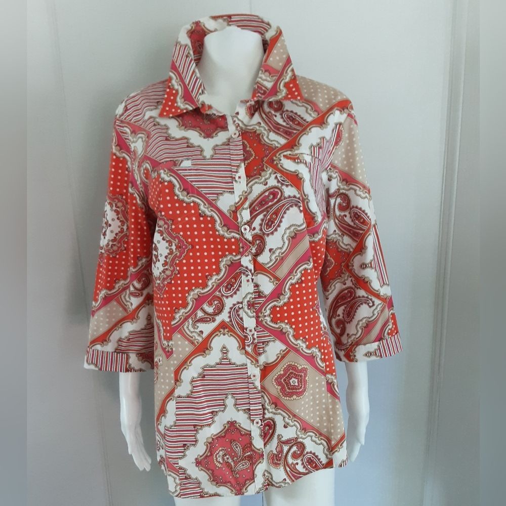 Van Heusen 100% Cotton Paisley 3Qtr Roll-Tab Sleeve Colorful Print Tunic Sz XL